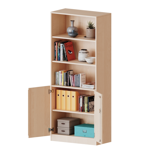 Schrank, 5 Ordnerhöhen, Türen unten (2 OH), oben 3 offene Fächer - Serie evo180 B/H/T: 100x190x60 cm, 2 Türen, abschließbar, mit Sockel (81 mm)