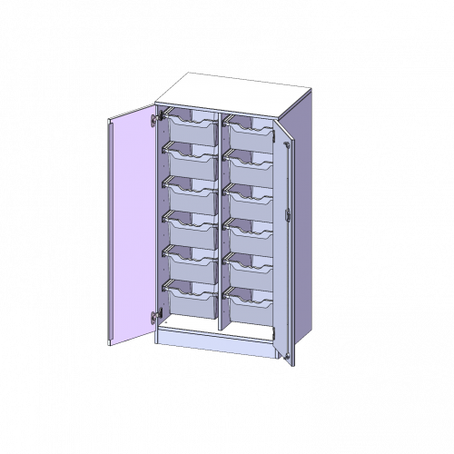 ErgoTray Schrank, zweireihig, 3,5 Ordnerhöhen - evo180 Serie B/H/T: 70,3x136x50 cm, zweitürig, mit Sockel (81 mm), mit 12 hohen ErgoTray Boxen