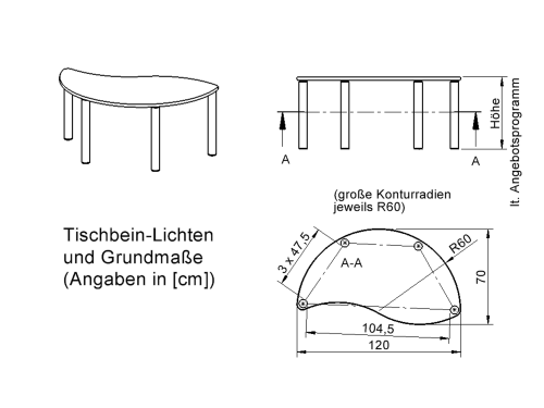 Tisch ZALOTTI mit Schichtstoff-Belag Halbrund-Wellentisch, B/H/T: 120x46x60 cm, Massivholzbeine Ø 60 mm, Fußvariante: fahrbar