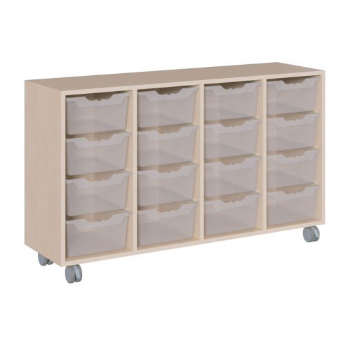fahrbares Regal in Korpusbauweise B/H/T: 139x82,5x40 cm, in 4 Reihen 16 hohe ErgoTray-Boxen