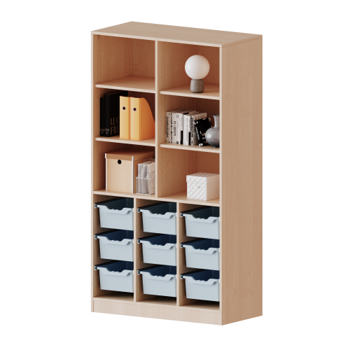 ErgoTray Regal, dreireihig, 5 Ordnerhöhen - evo180 Serie B/H/T: 104,5x190x40 cm, mit Sockel (81 mm), unten 9 hohe ErgoTray Boxen, oben 4 Einlegeböden