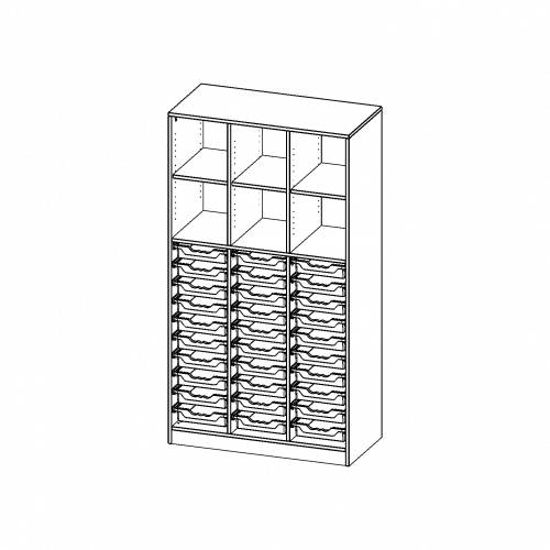 ErgoTray Regal, dreireihig, 5 Ordnerhöhen - evo180 Serie B/H/T: 104,5x190x50 cm, mit Sockel (81 mm) und Mittelwand, unten 30 flache ErgoTray Boxen, oben 3 Einlegeböden