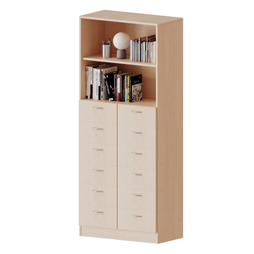 Schubladen - Kombischrank, 5 Ordnerhöhen - Serie evo180 B/H/T: 100x190x50 cm, 12 Schubladen unten, oben 2 offene Fächer, mit Sockel (81 mm)