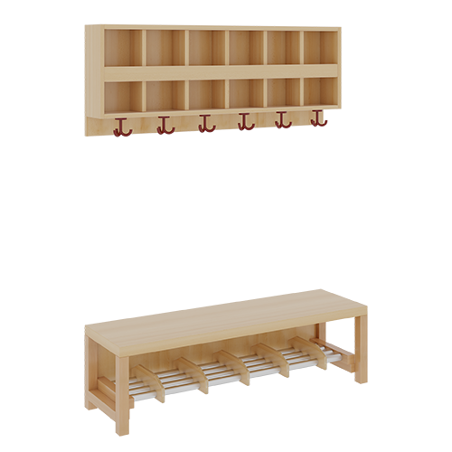 Komplettgarderobe mit doppelter Ablagereihe B/T: 120x35 cm, 6 Plätze, Sitzhöhe 42 cm, 2teilig ohne Stütze, Ablage zur Wandmontage, Alurohr-Schuhrost mit Trennungen
