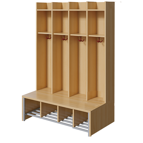 Spindgarderobe offen B/H/T: 110x160x55 cm, 4 Plätze, Bank mit Schuhrost, 3fach-Haken