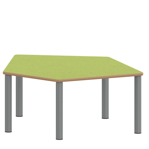 Tisch ZALOTTI mit Linoleum-Belag Fünfecktisch-klein, B/H/T: 121x71x110 cm, Stahlrohrbeine Ø 60 mm, Fußvariante: Stellfuß, Tischbeine mit RAL-Farbe 9006 (weißaluminium)