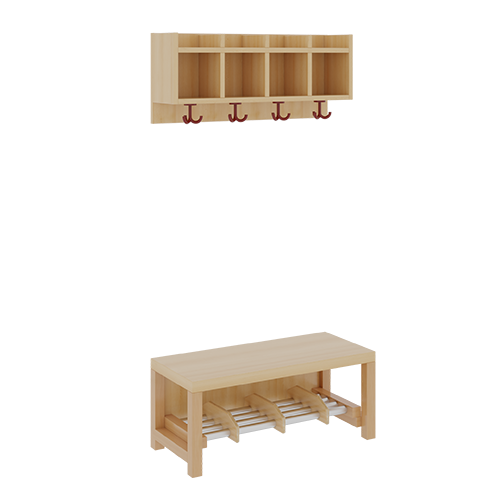 Komplettgarderobe mit einfacher Ablagereihe B/T: 80x35 cm, 4 Plätze, Sitzhöhe 26 cm, 2teilig ohne Stütze, Ablage zur Wandmontage, Schuhrost aus Aluminiumrohren mit Trennungen