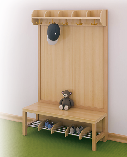 Komplettgarderobe mit offener Ablagereihe B/H/T: 100x158x39 cm, 5 Plätze, Sitzhöhe: 42 cm, Stütze mit Paneelrückwand in Buche-hell, Alurohr-Schuhrost mit Trennungen