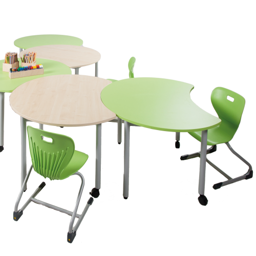 Tisch PAC mit Körperausschnitt, fahrbarer Schultisch mit melaminharzbeschichteter Tischplatte Durchmesser 100 cm, Tischhöhe 52 cm