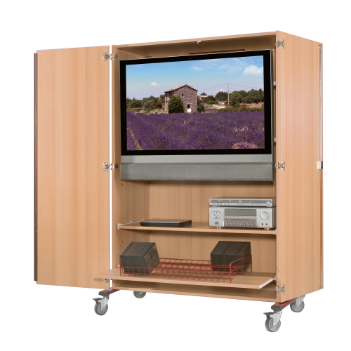 Zweitüriger TV-Wagen mit Halterung für Flachbildschirme, fahrbar B/H/T: 132x187x75 cm gesamt, 118,8x171x59 cm Schrankmaß