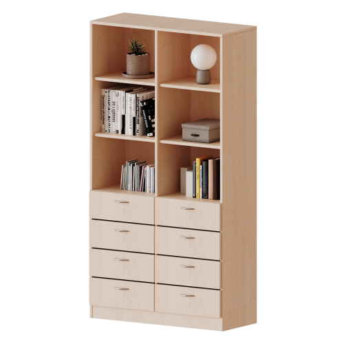 Schubladen - Kombischrank, 5 Ordnerhöhen - Serie evo180 B/H/T: 120x190x50 cm, 8 Schubladen unten, oben 6 offene Fächer, mit Sockel (81 mm)