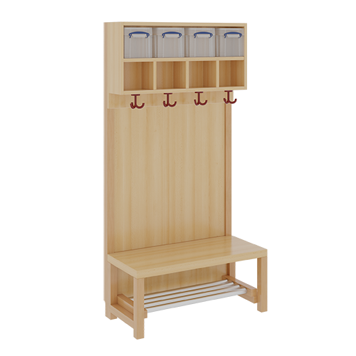 Komplettgarderobe mit doppelter Ablagereihe inklusive Boxen B/H/T: 80x158x39 cm, 4 Plätze, Sitzhöhe: 42 cm, Stütze mit Paneelrückwand, mit Schuhrost aus Aluminiumrohren