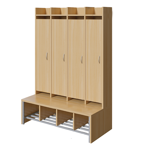Spindgarderobe, hohe Tür B/H/T: 110x160x55 cm, 4 Plätze, Türen links, Bank aus feuerhemmendem Material, Schuhrost, 3fach-Haken