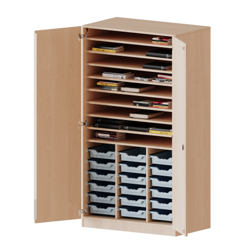 Bastelschrank, 5 Ordnerhöhen - Serie evo180 B/H/T: 104,5x190x65 cm, 2-türiger Schrank mit 18 flachen ErgoTray Boxen, mit Sockel (81 mm)
