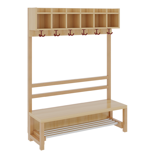 Komplettgarderobe mit einfacher Ablagereihe B/H/T: 120x158x39 cm, 6 Plätze, Sitzhöhe: 42 cm, offene Stütze in Buche-massiv, mit Schuhrost aus Aluminiumrohren