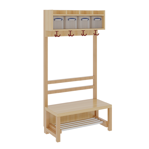 Komplettgarderobe mit einfacher Ablage inklusive Boxen B/H/T: 80x158x39 cm, 4 Plätze, Sitzhöhe: 42 cm, offene Stütze in Buche-massiv, mit Schuhrost aus Aluminiumrohren
