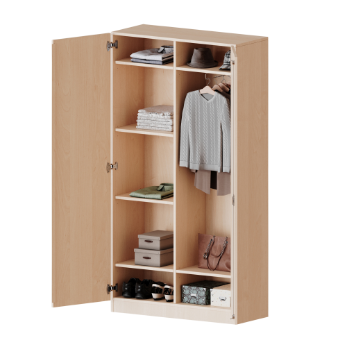 Garderobenschrank mit Spiegel und Garderobenstange, 5 Ordnerhöhen - Serie evo180 B/H/T: 80x190x60 cm, 2 Türen, abschließbar, eine Seite Garderobe, eine Seite Fachboden, Sockel