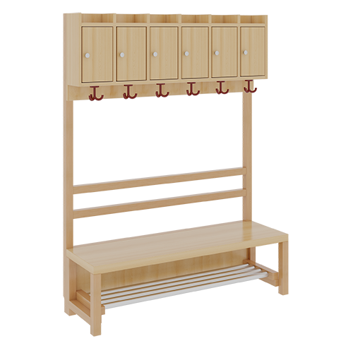 Komplettgarderobe mit Ablagen und Türen B/H/T: 120x158x39 cm, 6 Plätze, Sitzhöhe: 42 cm, offene Stütze in Buche-massiv, mit Schuhrost aus Aluminiumrohren