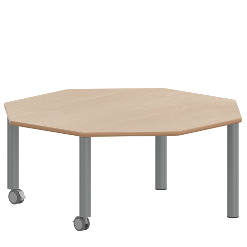 Tisch ZALOTTI mit Schichtstoff-Belag Achtecktisch, B/H/T: 120x41x120 cm, Stahlrohrbeine Ø 60 mm, Fußvariante: fahrbar, Tischbeine mit RAL-Farbe 9006 (weißaluminium)