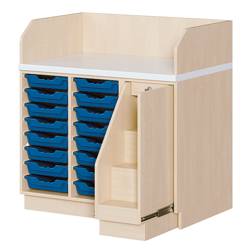 Wickelkommode, dreireihig B/H/T: 107x113x91,5 cm, Ausziehbarer Aufstieg rechts, 16 Boxen links