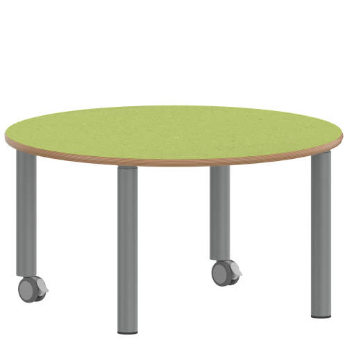 Tisch ZALOTTI mit Linoleum-Belag Rundtisch, Durchmesser/H: 100x53 cm, Stahlrohrbeine Ø 60 mm, Fußvariante: fahrbar, Tischbeine mit RAL-Farbe 9006 (weißaluminium)