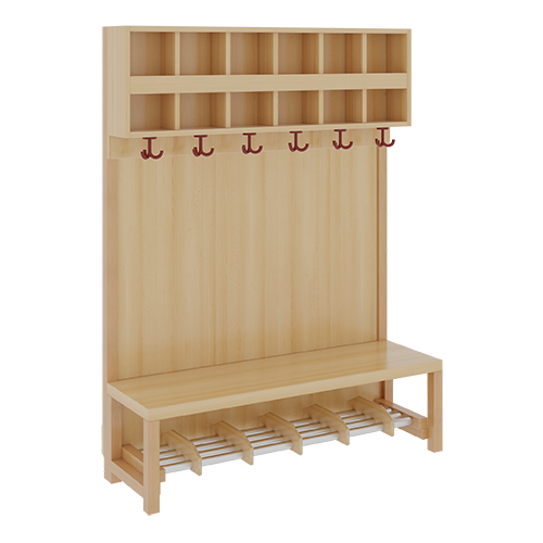 Komplettgarderobe mit doppelter Ablagereihe B/H/T: 120x158x39 cm, 6 Plätze, Sitzhöhe 26 cm, Stütze mit Paneelrückwand in Buche-hell, Schuhrost aus Aluminiumrohren mit Trennungen