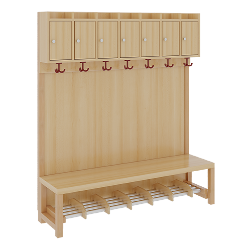 Komplettgarderobe mit Ablagen und Türen B/H/T: 140x158x39 cm, 7 Plätze, Sitzhöhe: 34 cm, Stütze mit Paneelrückwand, Schuhrost aus Aluminiumrohren mit Facheinteilungen