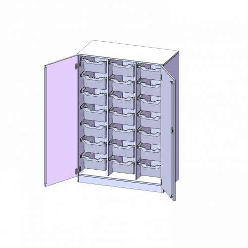ErgoTray Schrank, dreireihig, 4 Ordnerhöhen - evo180 Serie B/H/T: 104,5x154x50 cm, zweitürig, mit Sockel (81 mm), mit 21 hohen ErgoTray Boxen