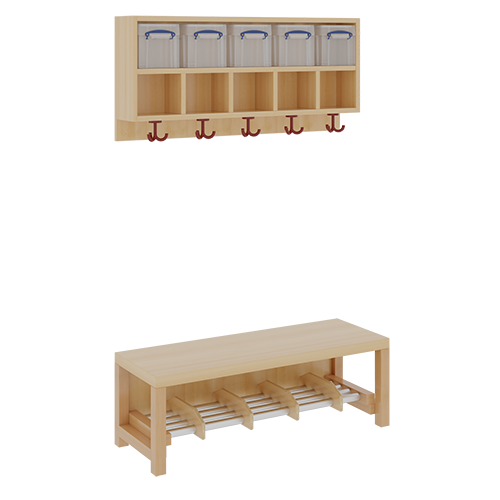 Komplettgarderobe mit doppelter Ablagereihe inklusive Boxen B/T: 100x35 cm, 5 Plätze, Sitzhöhe 34 cm, 2teilig ohne Stütze, Ablage zur Wandmontage, Alurohr-Schuhrost mit Trennungen