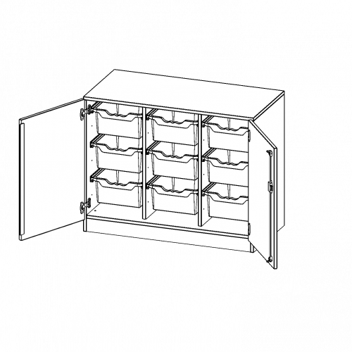 ErgoTray Schrank, dreireihig, 2 Ordnerhöhen - evo180 Serie B/H/T: 104,5x82x50 cm, zweitürig, mit Sockel (81 mm), mit 9 hohen ErgoTray Boxen
