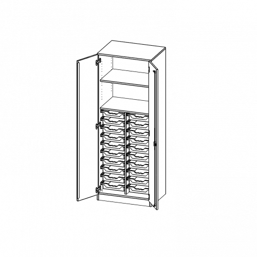ErgoTray Schrank, zweireihig, 5 Ordnerhöhen - evo180 Serie B/H/T: 70,3x190x50 cm, zweitürig, mit Sockel (81 mm), mit 20 flachen ErgoTray Boxen