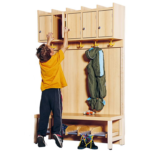 Komplettgarderobe mit Ablagen und Türen B/H/T: 100x158x39 cm, 5 Plätze, Sitzhöhe: 26 cm, Stütze mit Paneelrückwand, Schuhrost aus Aluminiumrohren mit Facheinteilungen