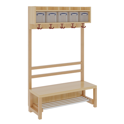 Komplettgarderobe mit einfacher Ablage inklusive Boxen B/H/T: 100x130x39 cm, 5 Plätze, Sitzhöhe: 26 cm, offene Stütze in Buche-massiv, mit Schuhrost aus Aluminiumrohren
