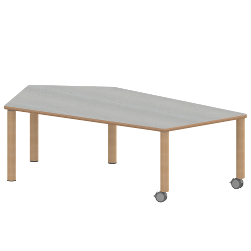 Tisch ZALOTTI mit Linoleum-Belag Fünfecktisch-groß, B/H/T: 185x76x104 cm, Massivholzbeine Ø 60 mm, Fußvariante: fahrbar