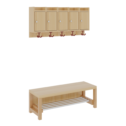Komplettgarderobe mit Ablagen und Türen B/T: 100x35 cm, 5 Plätze, Sitzhöhe: 34 cm, 2teilig ohne Stütze, Ablage zur Wandmontage, mit Schuhrost aus Aluminiumrohren