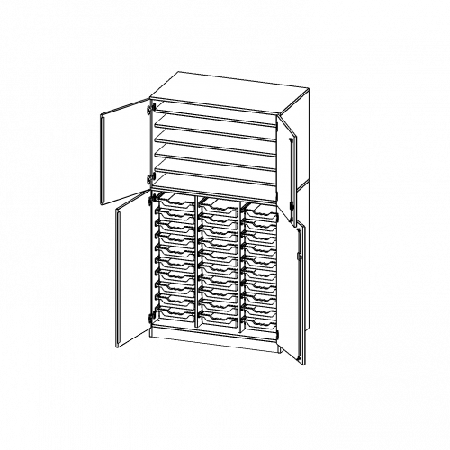 Bastelschrank, 5 Ordnerhöhen - Serie evo180 B/H/T: 104,5x190x60 cm, 4-türiger Schrank mit 30 flachen ErgoTray Boxen, zweiteilig, mit Sockel (81 mm)