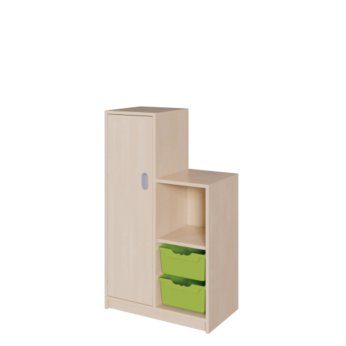 Korpus-Schrank "SideStep", Tür und Boxen B/H/T: 70,5x80/120x40 cm, in stufenartiger Kontur, rechts Regal und 2 Boxen, mit Tür auf hoher Seite, links