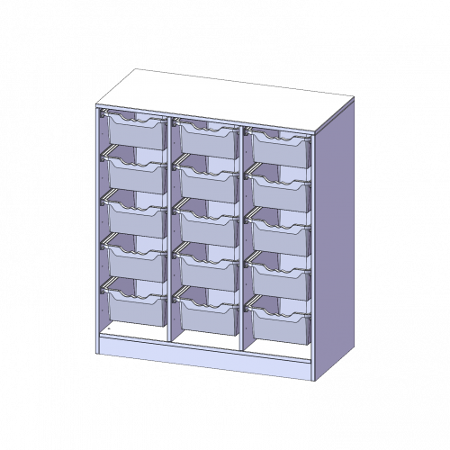 ErgoTray Regal, dreireihig, 3 Ordnerhöhen - evo180 Serie B/H/T: 104,5x118x50 cm, mit Sockel (81 mm), 15 hohe ErgoTray Boxen