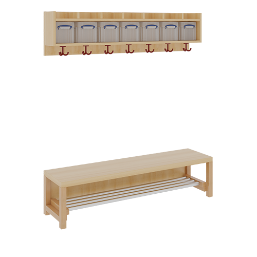 Komplettgarderobe mit einfacher Ablage inklusive Boxen B/T: 140x35 cm, 7 Plätze, Sitzhöhe 34 cm, 2teilig ohne Stütze, Ablage zur Wandmontage, Schuhrost aus Aluminiumrohren