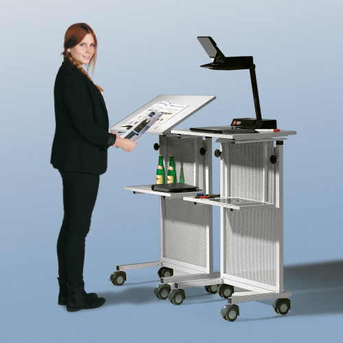 Rednerpult mit Lochblech Frontblende der Serie RP 70 B/H/T: 60x106-128x45 cm, fahrbar