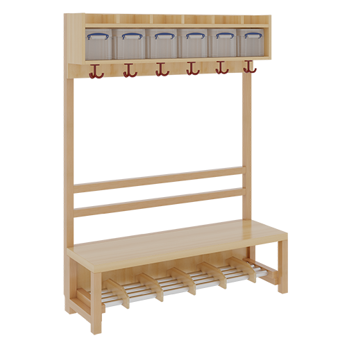 Komplettgarderobe mit einfacher Ablage inklusive Boxen B/H/T: 120x130x39 cm, 6 Plätze, Sitzhöhe 34 cm, offene Stütze, Schuhrost aus Aluminiumrohren mit Trennungen