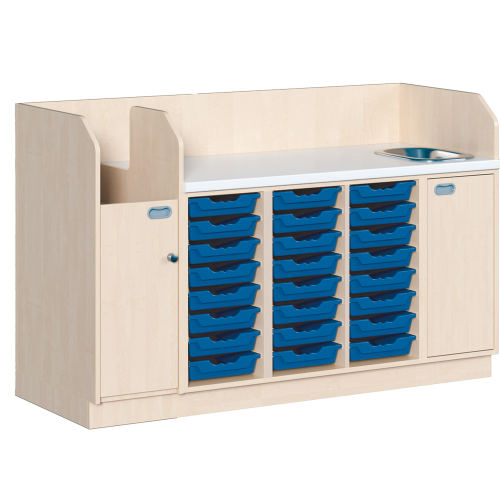 Wickelkommode, vierreihig zuzüglich Waschbecken B/H/T: 179x113x71,5 cm, Integrierter Aufgang links, 24 Boxen und Waschbecken rechts