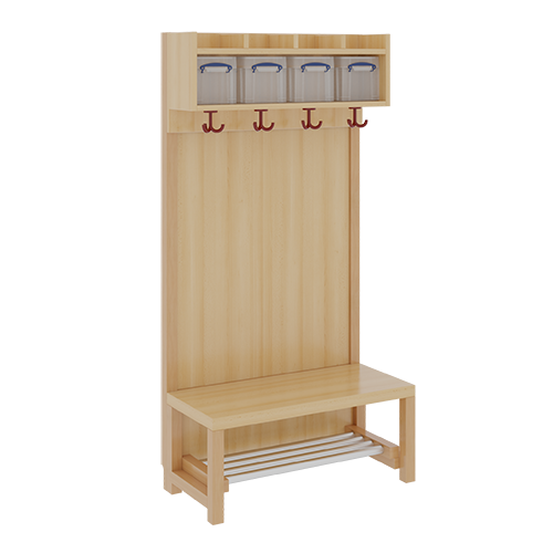 Komplettgarderobe mit einfacher Ablage inklusive Boxen B/H/T: 80x158x39 cm, 4 Plätze, Sitzhöhe: 42 cm, Stütze mit Paneelrückwand in Buche-hell, mit Schuhrost aus Aluminiumrohren