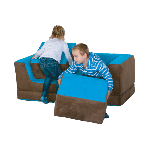 Kinder Klappcouch mit 2 Sesseln 140x50x70 cm, Sitzhöhe: 25 cm, Hocker je 49x49x25 cm, Bezug: Polsterung und Kunstleder schwer entflammbar