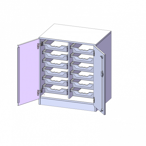 ErgoTray Schrank, zweireihig, 2 Ordnerhöhen - evo180 Serie B/H/T: 70,3x82x50 cm, zweitürig, mit Sockel (81 mm), mit 12 flachen ErgoTray Boxen