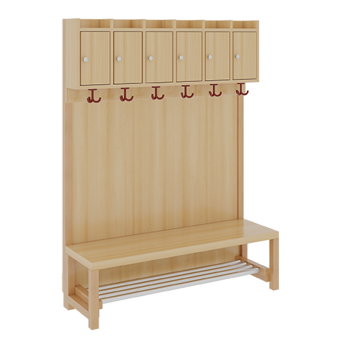 Komplettgarderobe mit Ablagen und Türen B/H/T: 120x158x39 cm, 6 Plätze, Sitzhöhe: 34 cm, Stütze mit Paneelrückwand, mit Schuhrost aus Aluminiumrohren