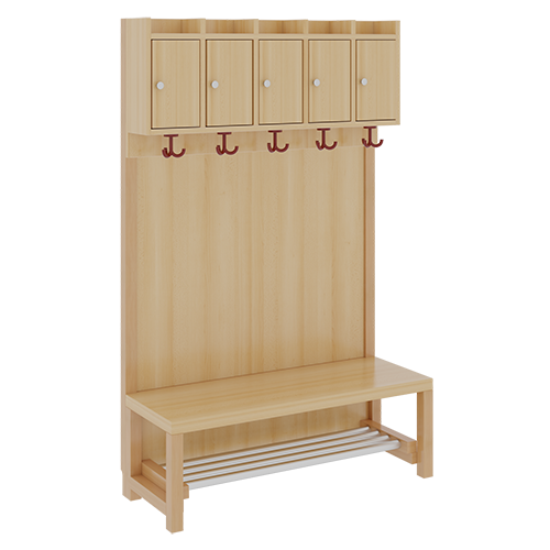Komplettgarderobe mit Ablagen und Türen B/H/T: 100x158x39 cm, 5 Plätze, Sitzhöhe: 34 cm, Stütze mit Paneelrückwand, mit Schuhrost aus Aluminiumrohren