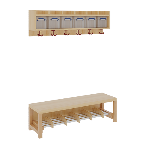 Komplettgarderobe mit einfacher Ablage inklusive Boxen B/T: 120x35 cm, 6 Plätze, Sitzhöhe 34 cm, 2teilig ohne Stütze, Ablage zur Wandmontage, Alurohr-Schuhrost mit Trennungen