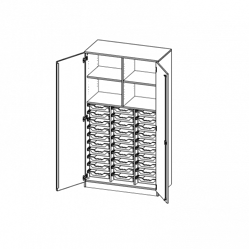 ErgoTray Schrank, dreireihig, 5 Ordnerhöhen - evo180 Serie B/H/T: 104,5x190x50 cm, zweitürig, mit Sockel (81 mm), mit Mittelwand, mit 30 flachen ErgoTray Boxen