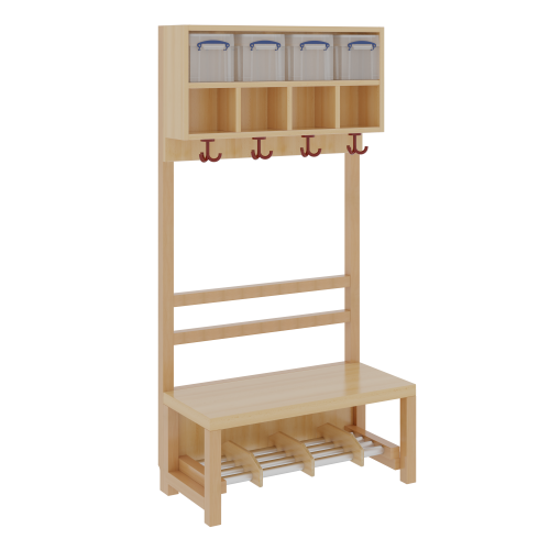 Komplettgarderobe mit doppelter Ablagereihe inklusive Boxen B/H/T: 80x158x39 cm, 4 Plätze, Sitzhöhe 34 cm, offene Stütze, Schuhrost aus Aluminiumrohren mit Trennungen